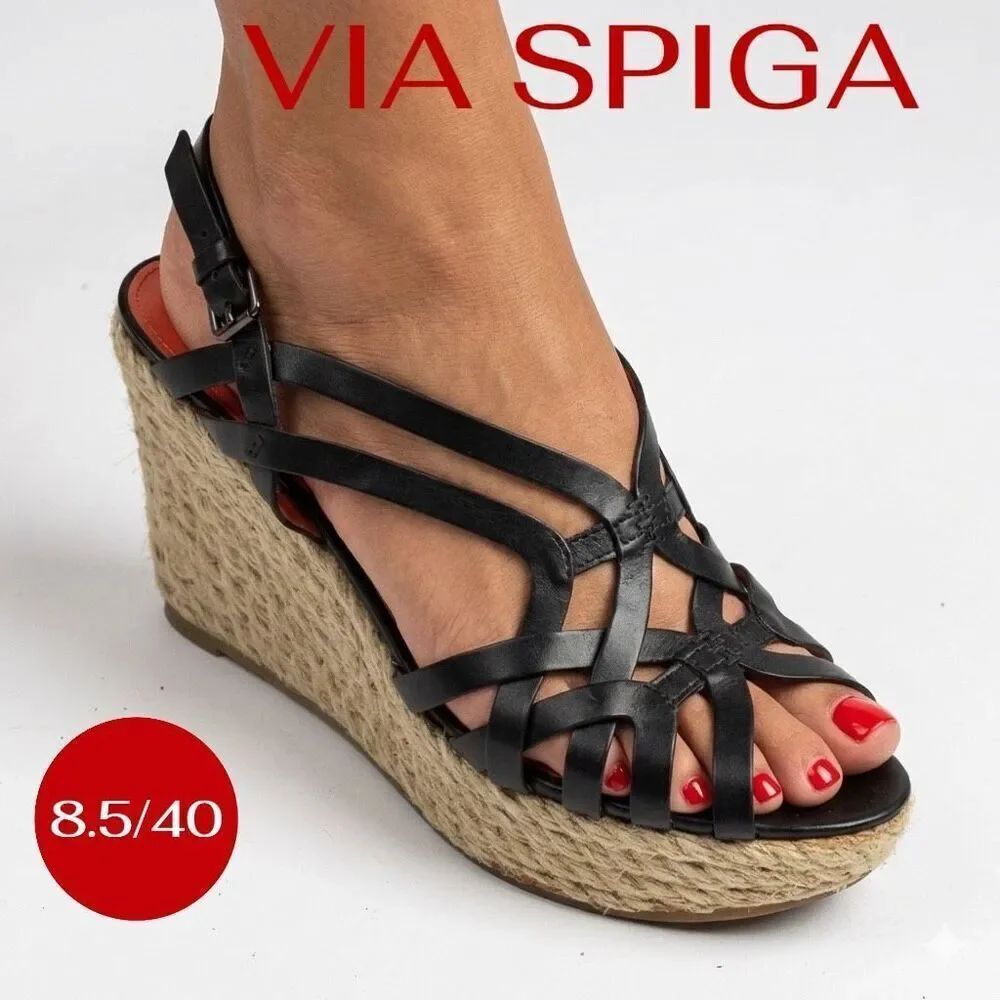 VIA SPIGA Women's Mabel Leather Strappy Espadrille Wedge Heels Black Size 8.5